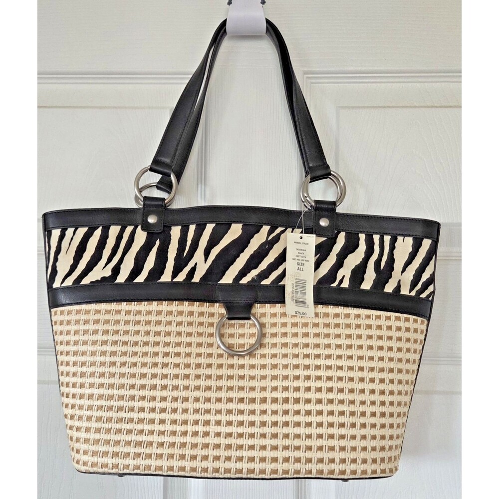 Kate Landry Woven Straw Animal Print & Black Leather Purse Summer Handbag NWT